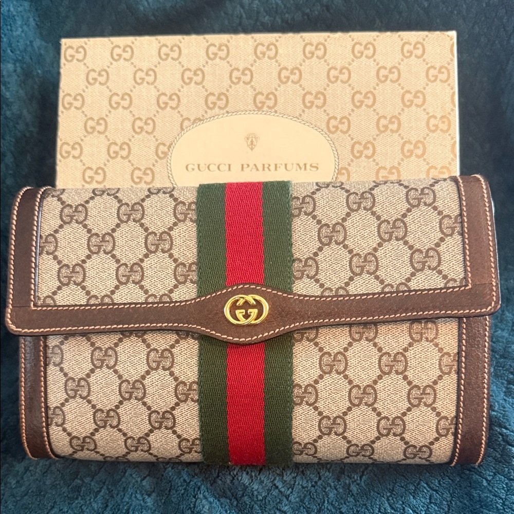 Gucci Beige Monogram Clutch with Red and Green Stripe